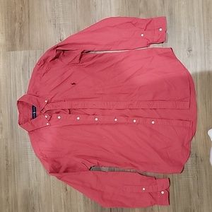 Ralph Lauren Men's Long Sleeve Button Down Red with Navy Logo Polo Shirt